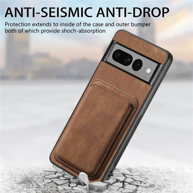 For Google Pixel 7 Pro 5G Magnetic Case Leather Back Cover with Detachable Card Holder - Brown