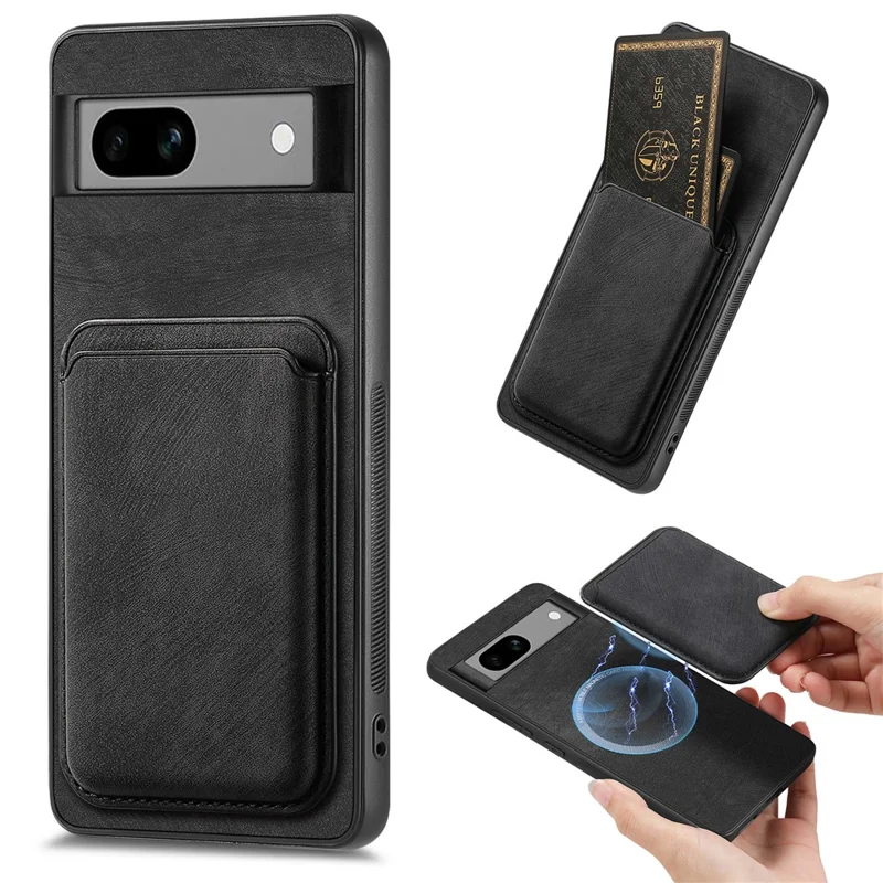 For Google Pixel 7a Magnetic Case Leather Back Cover with Detachable Card Holder - Black