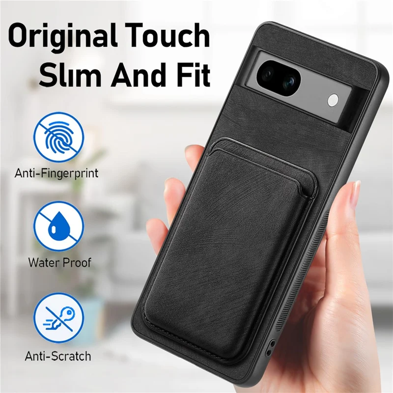 For Google Pixel 7a Magnetic Case Leather Back Cover with Detachable Card Holder - Black