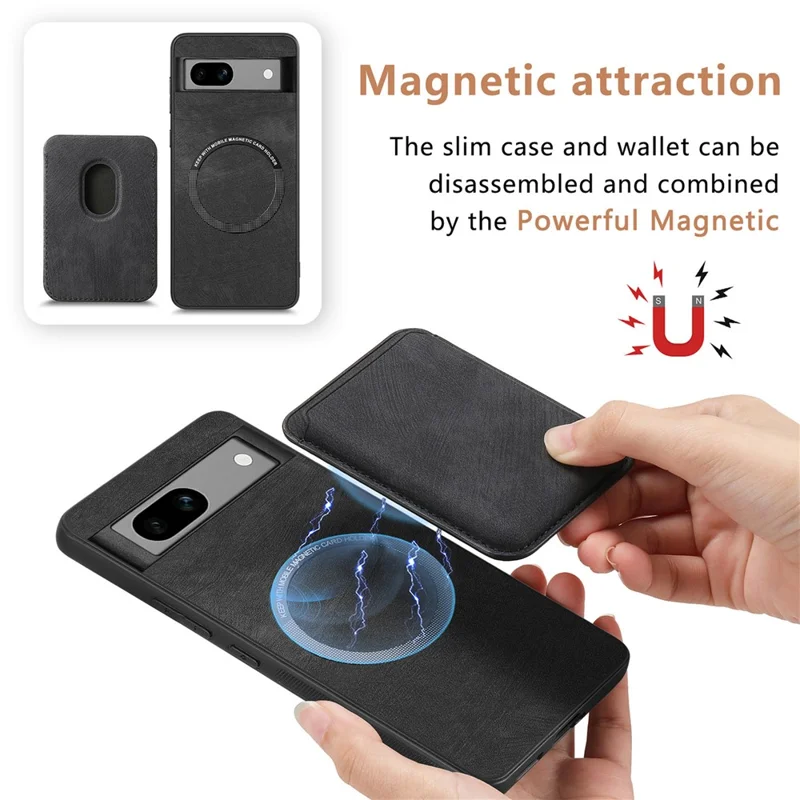 For Google Pixel 7a Magnetic Case Leather Back Cover with Detachable Card Holder - Black
