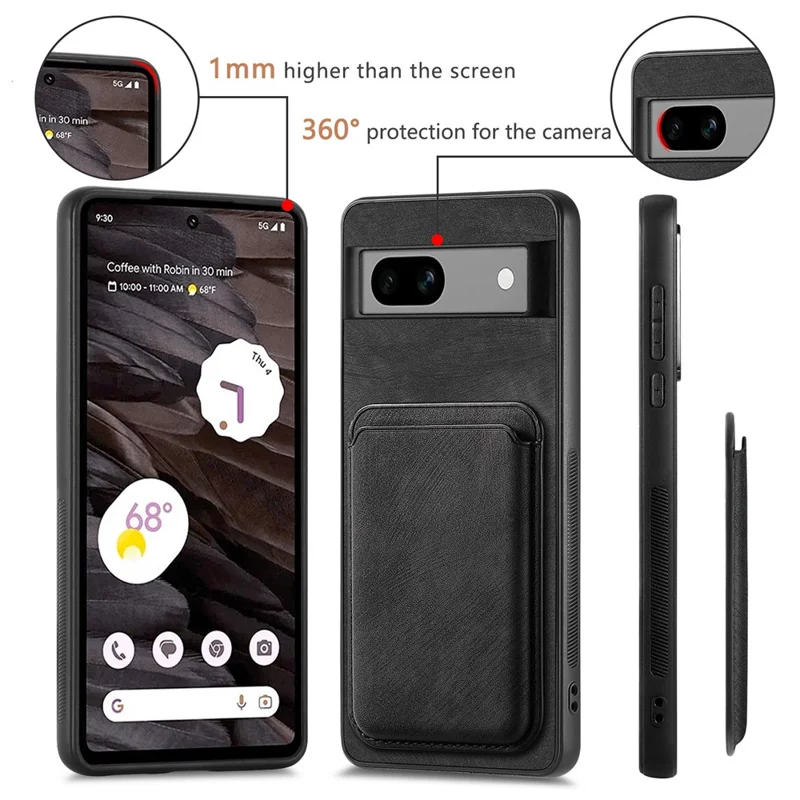 For Google Pixel 7a Magnetic Case Leather Back Cover with Detachable Card Holder - Black