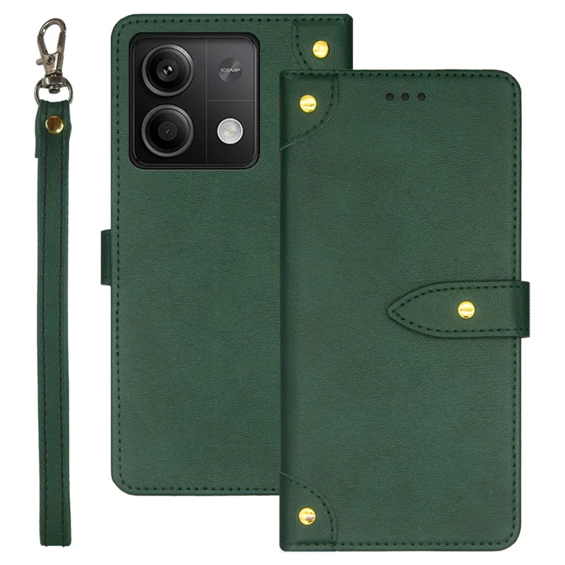 IDEWEI For Xiaomi Redmi Note 13 5G Phone Cover Stand Leather Case with Wrist Strap - Green