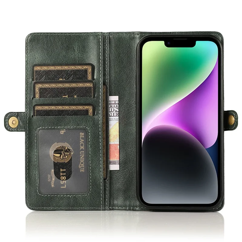 For iPhone 15 Case Detachable 2-in-1 Wallet TPU+PU Phone Cover with Strap - Green