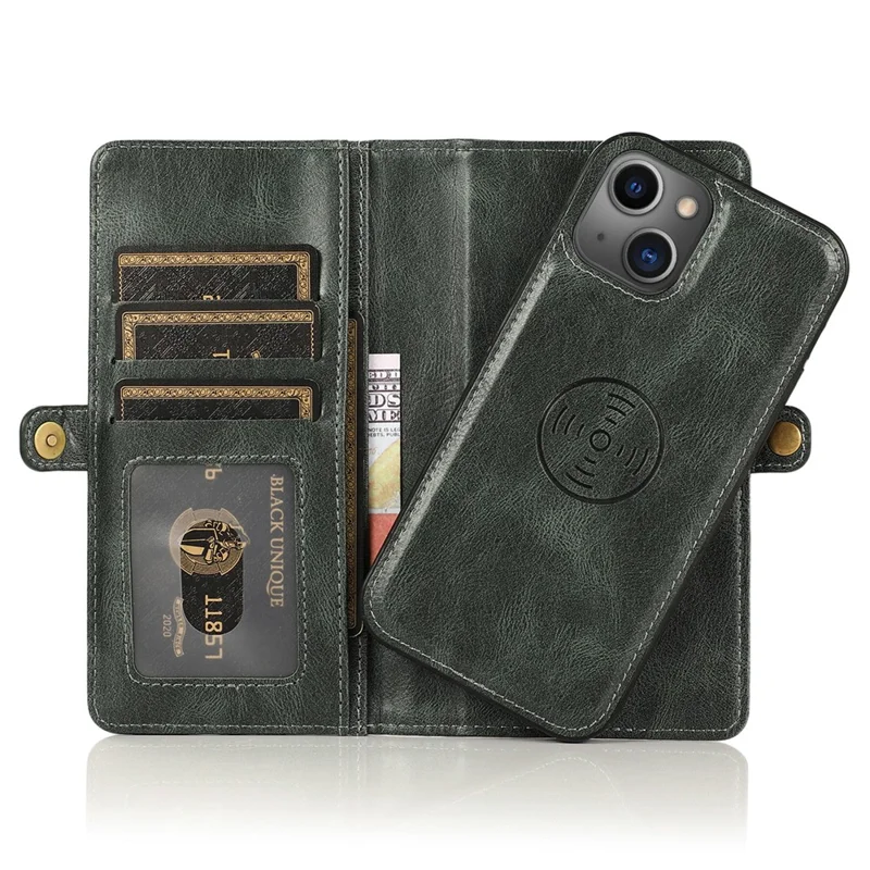 For iPhone 15 Case Detachable 2-in-1 Wallet TPU+PU Phone Cover with Strap - Green