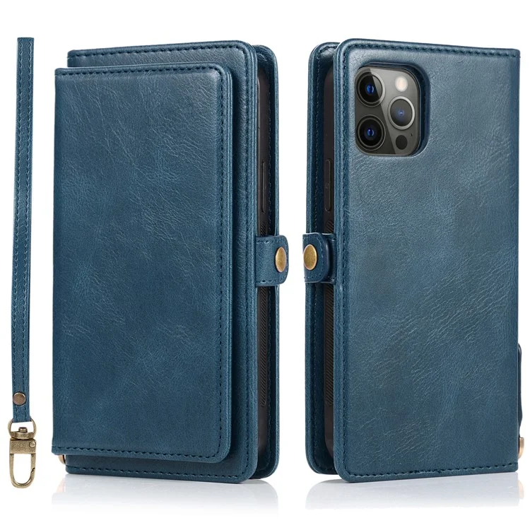 For iPhone 15 Pro Max Cell Phone Case with Strap Detachable 2-in-1 Wallet TPU+PU Cover  - Blue