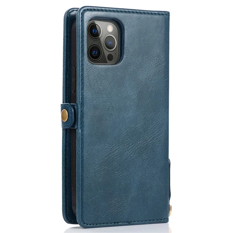 For iPhone 15 Pro Max Cell Phone Case with Strap Detachable 2-in-1 Wallet TPU+PU Cover  - Blue