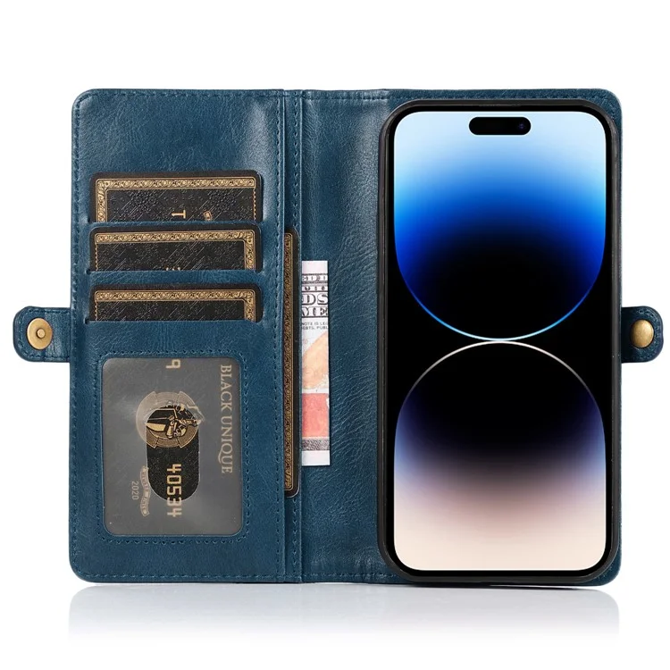 For iPhone 15 Pro Max Cell Phone Case with Strap Detachable 2-in-1 Wallet TPU+PU Cover  - Blue