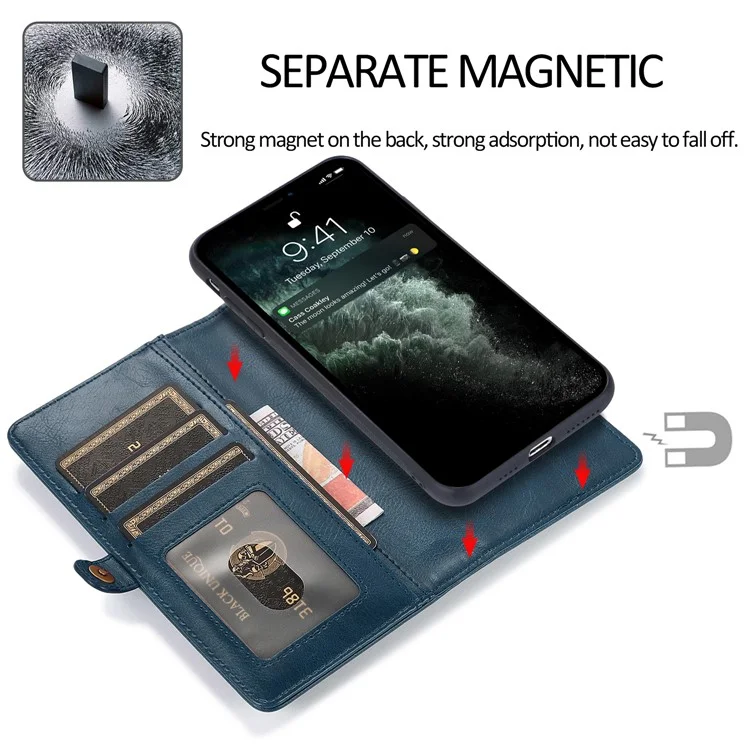 For iPhone 15 Pro Max Cell Phone Case with Strap Detachable 2-in-1 Wallet TPU+PU Cover  - Blue