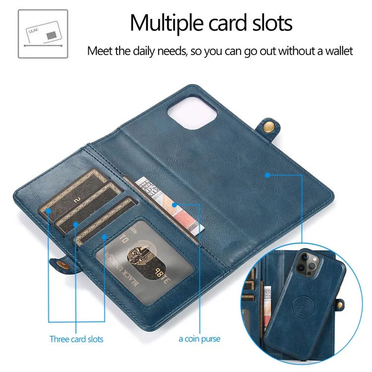 For iPhone 15 Pro Max Cell Phone Case with Strap Detachable 2-in-1 Wallet TPU+PU Cover  - Blue