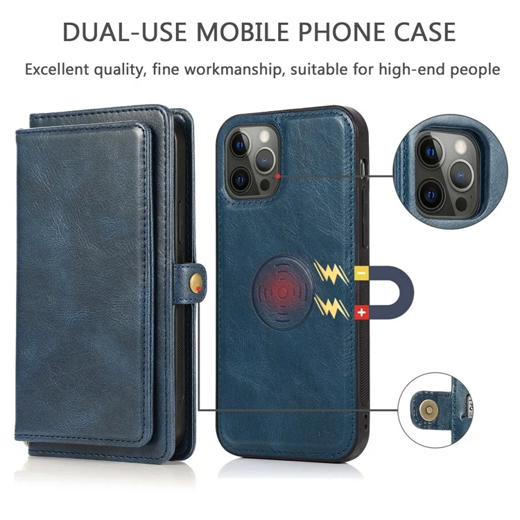 For iPhone 15 Pro Max Cell Phone Case with Strap Detachable 2-in-1 Wallet TPU+PU Cover  - Blue