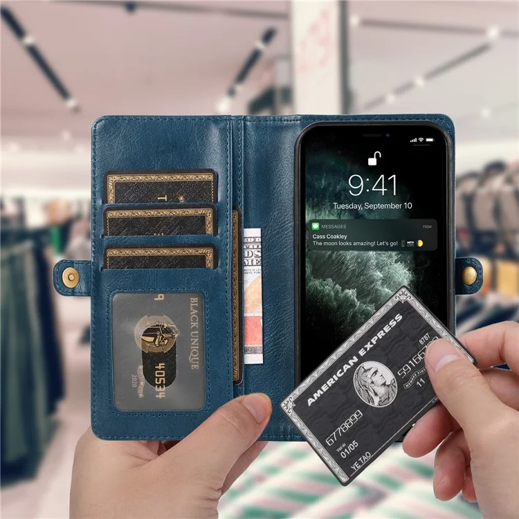 For iPhone 15 Pro Max Cell Phone Case with Strap Detachable 2-in-1 Wallet TPU+PU Cover  - Blue