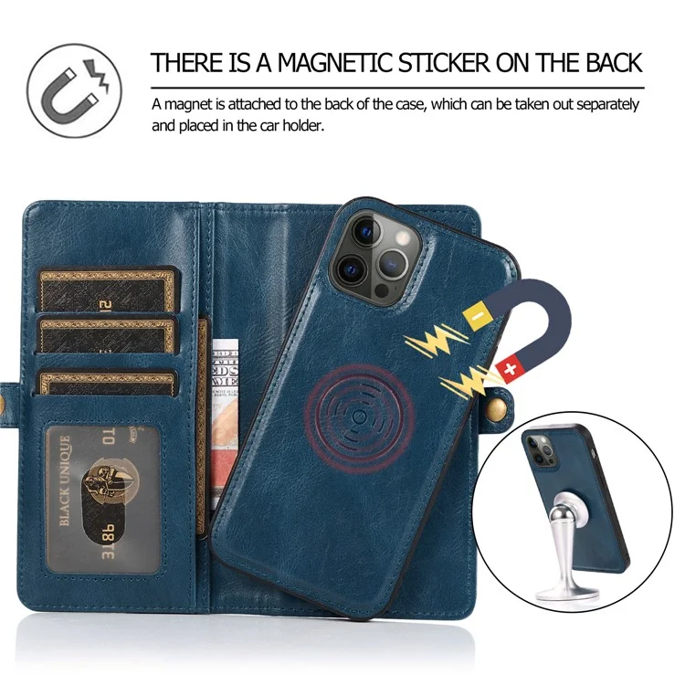 For iPhone 15 Pro Max Cell Phone Case with Strap Detachable 2-in-1 Wallet TPU+PU Cover  - Blue