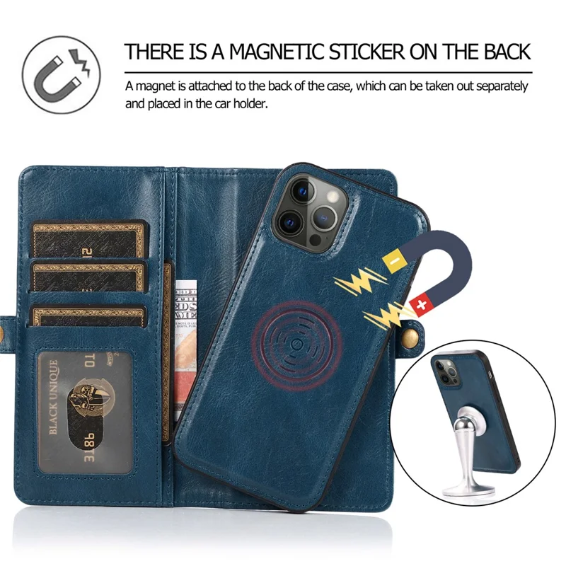 For iPhone 15 Pro Case Detachable 2-in-1 Wallet Anti-drop Phone Cover with Strap - Blue