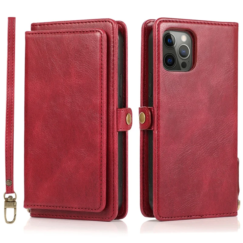 For iPhone 15 Pro Case Detachable 2-in-1 Wallet Anti-drop Phone Cover with Strap - Red
