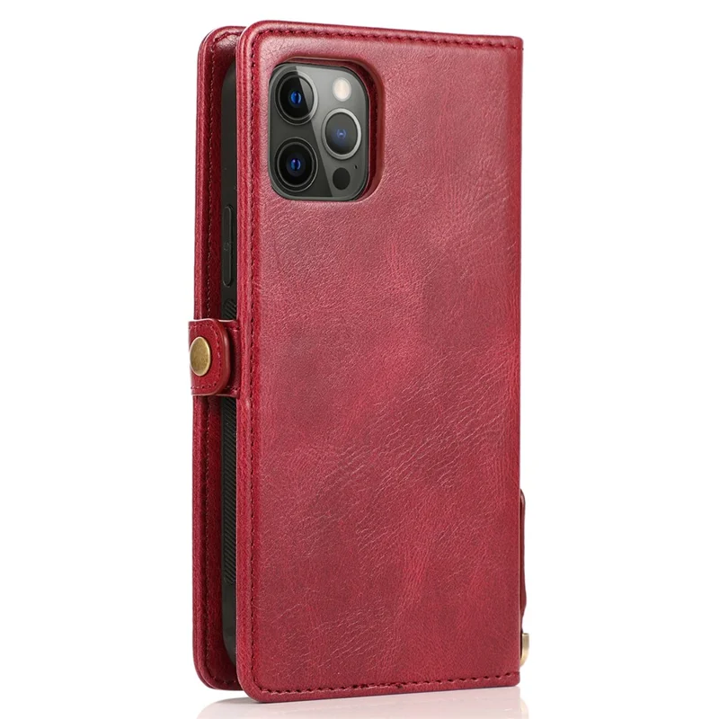 For iPhone 15 Pro Case Detachable 2-in-1 Wallet Anti-drop Phone Cover with Strap - Red