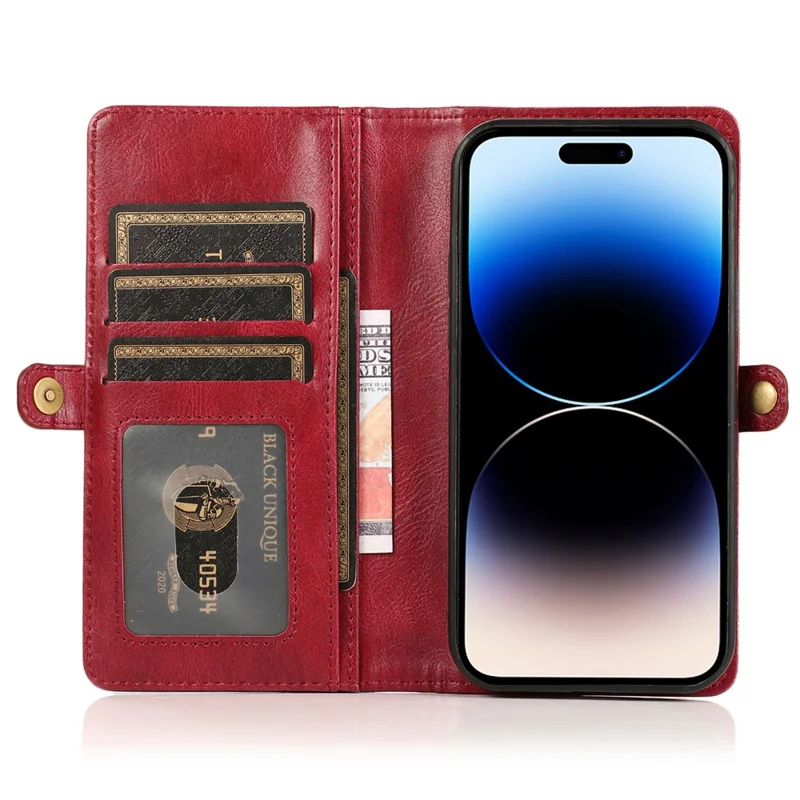 For iPhone 15 Pro Case Detachable 2-in-1 Wallet Anti-drop Phone Cover with Strap - Red