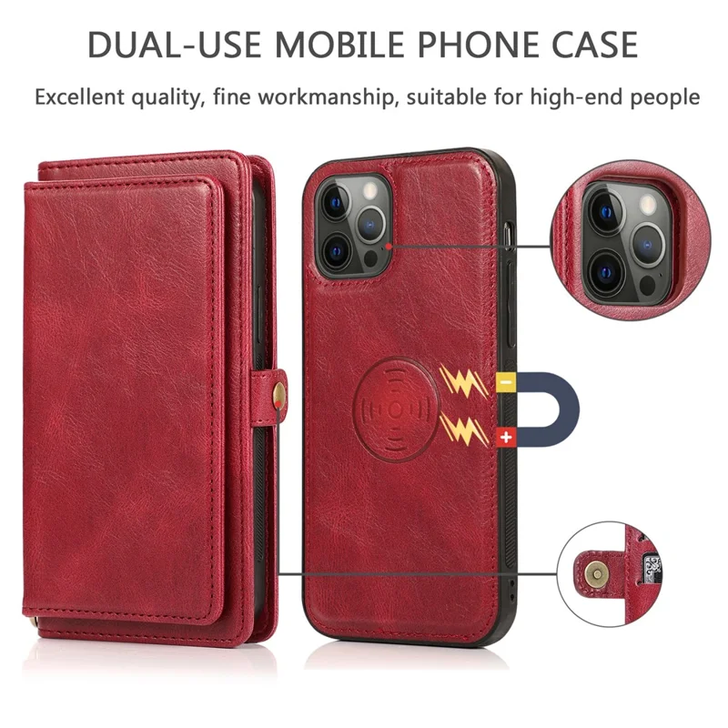 For iPhone 15 Pro Case Detachable 2-in-1 Wallet Anti-drop Phone Cover with Strap - Red