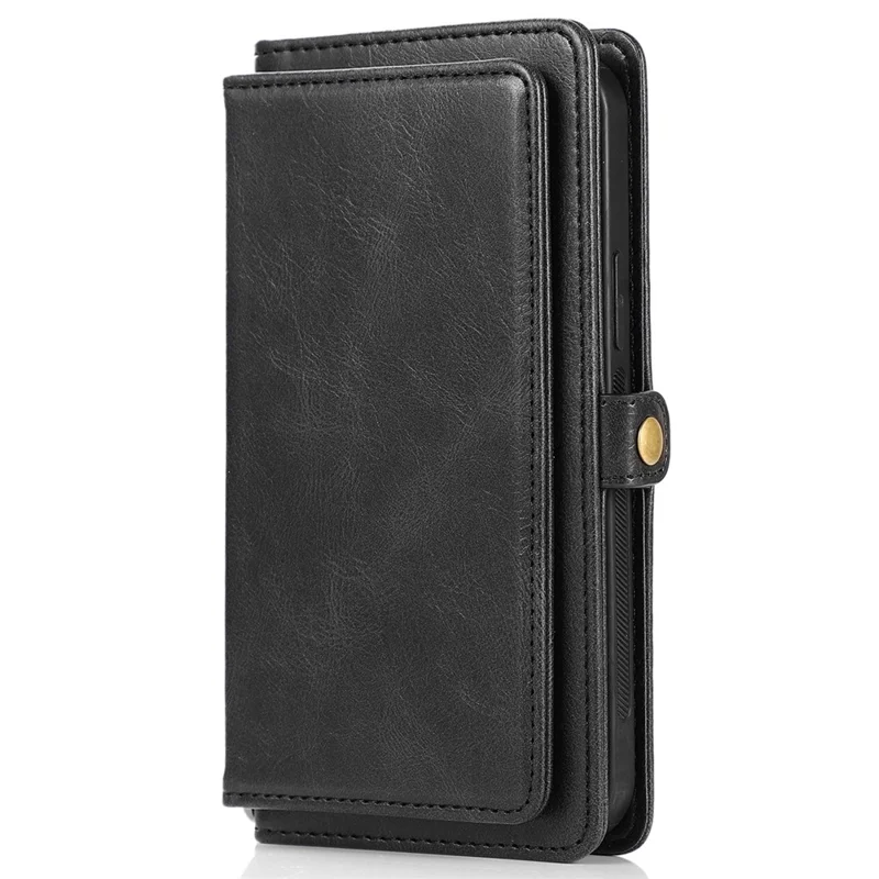 For iPhone 15 Plus Cell Phone Case Detachable 2-in-1 Wallet Leather Cover with Strap - Black