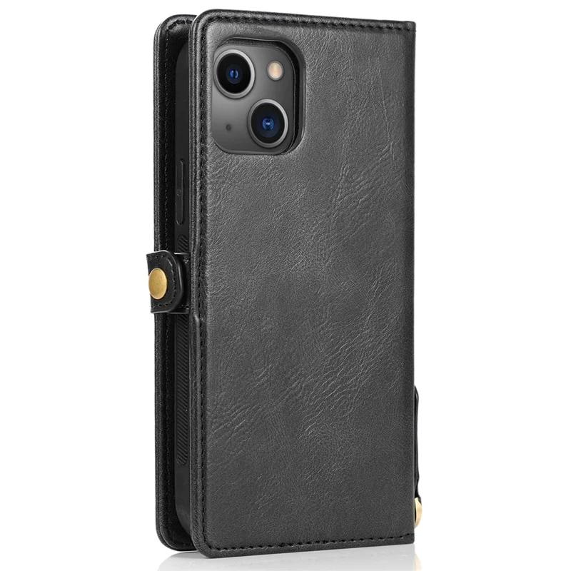For iPhone 15 Plus Cell Phone Case Detachable 2-in-1 Wallet Leather Cover with Strap - Black