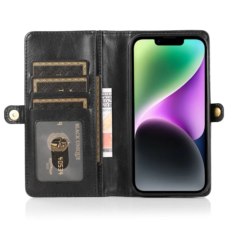 For iPhone 15 Plus Cell Phone Case Detachable 2-in-1 Wallet Leather Cover with Strap - Black