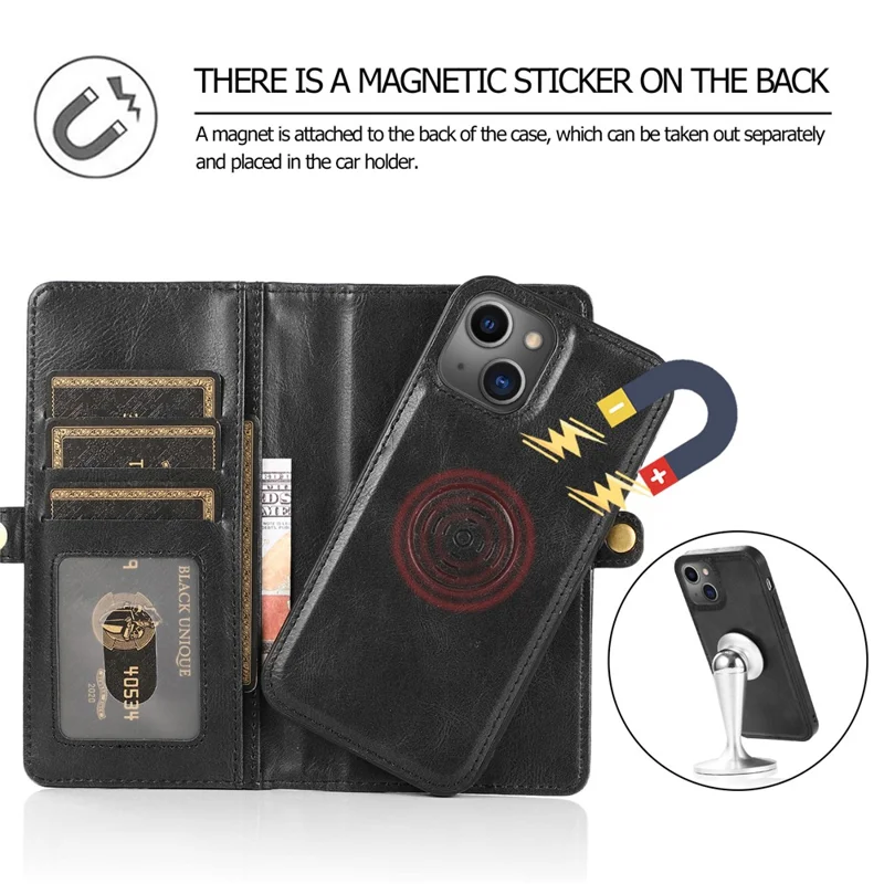 For iPhone 15 Plus Cell Phone Case Detachable 2-in-1 Wallet Leather Cover with Strap - Black