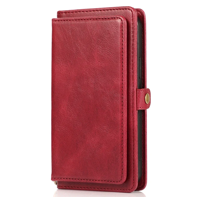 For iPhone 15 Plus Cell Phone Case Detachable 2-in-1 Wallet Leather Cover with Strap - Red