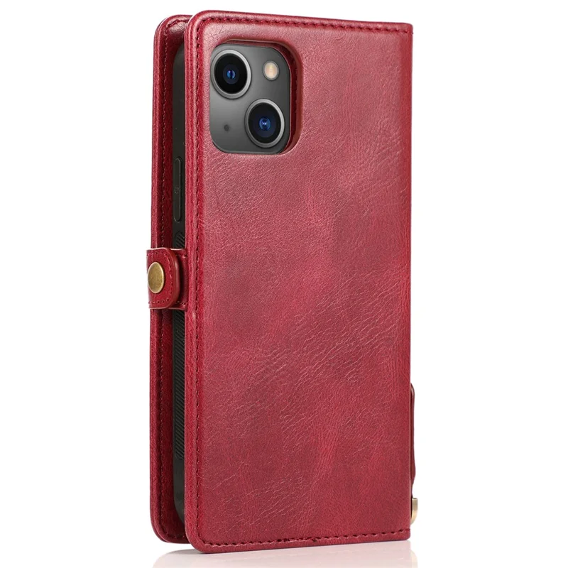 For iPhone 15 Plus Cell Phone Case Detachable 2-in-1 Wallet Leather Cover with Strap - Red