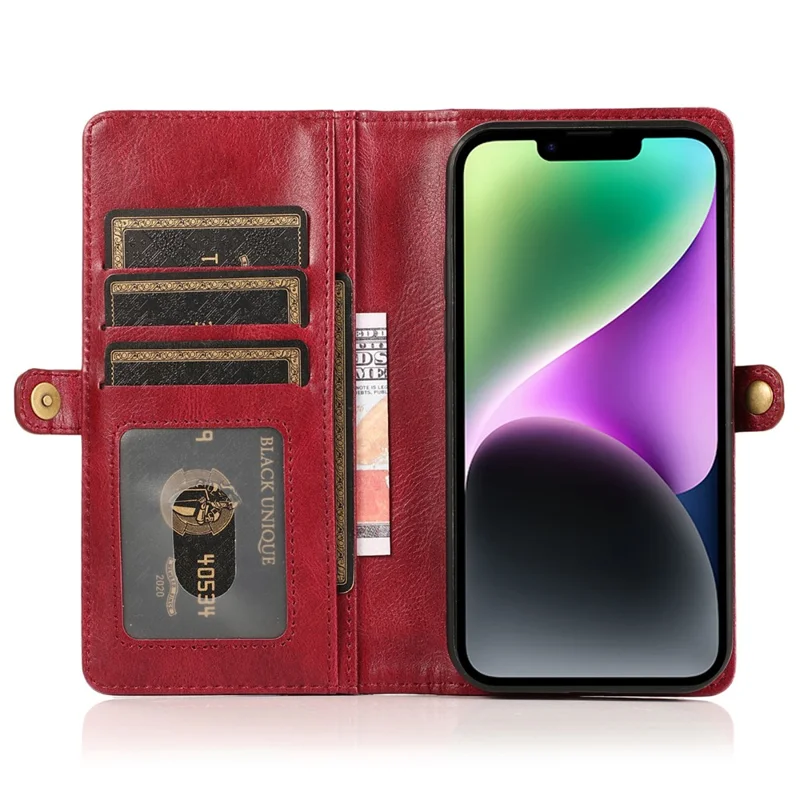 For iPhone 15 Plus Cell Phone Case Detachable 2-in-1 Wallet Leather Cover with Strap - Red