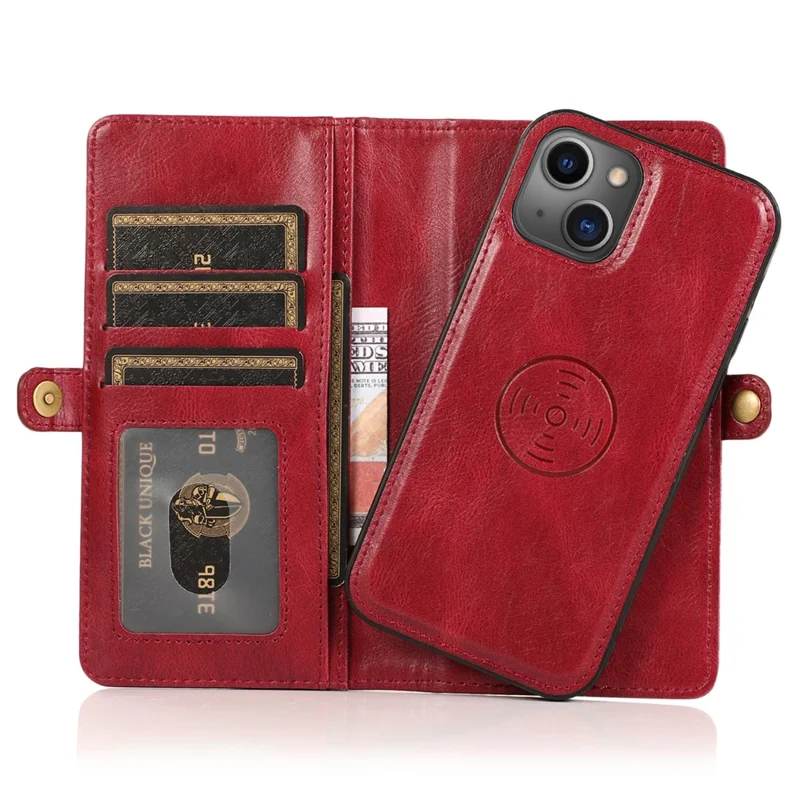 For iPhone 15 Plus Cell Phone Case Detachable 2-in-1 Wallet Leather Cover with Strap - Red