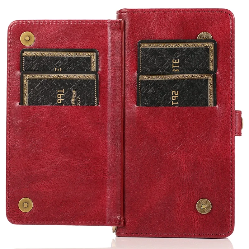 For iPhone 15 Plus Cell Phone Case Detachable 2-in-1 Wallet Leather Cover with Strap - Red