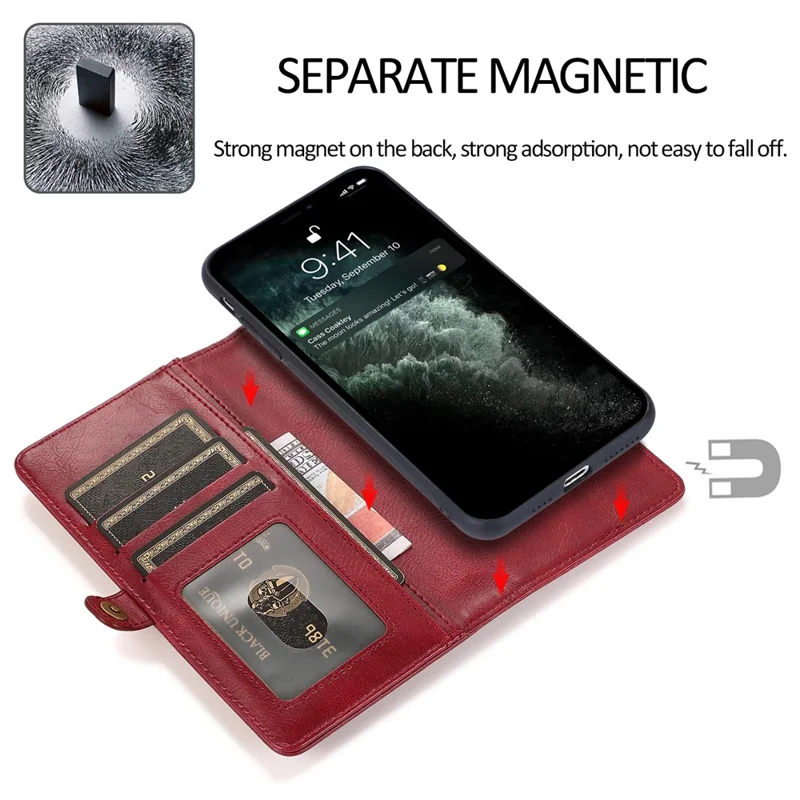 For iPhone 15 Plus Cell Phone Case Detachable 2-in-1 Wallet Leather Cover with Strap - Red