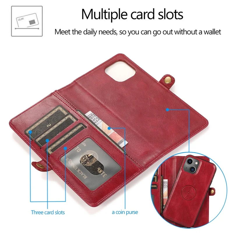 For iPhone 15 Plus Cell Phone Case Detachable 2-in-1 Wallet Leather Cover with Strap - Red