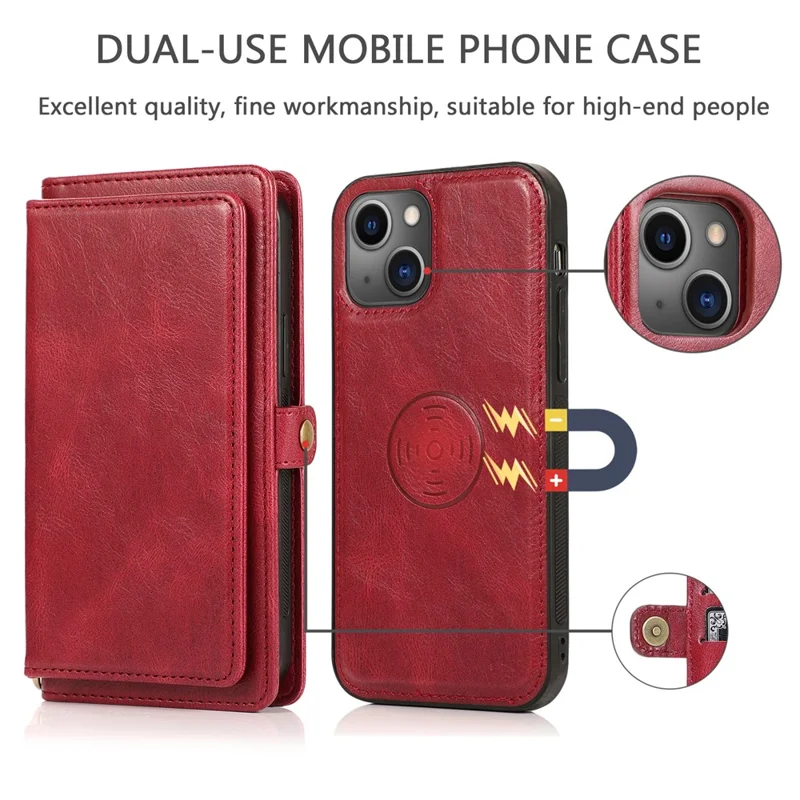 For iPhone 15 Plus Cell Phone Case Detachable 2-in-1 Wallet Leather Cover with Strap - Red
