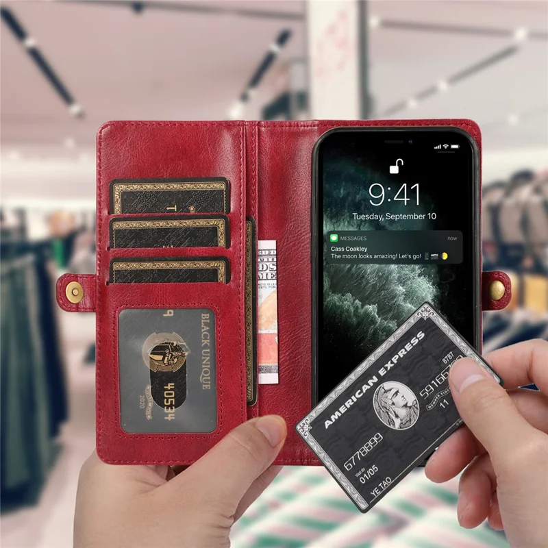 For iPhone 15 Plus Cell Phone Case Detachable 2-in-1 Wallet Leather Cover with Strap - Red