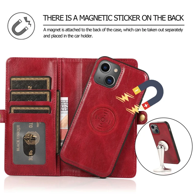 For iPhone 15 Plus Cell Phone Case Detachable 2-in-1 Wallet Leather Cover with Strap - Red