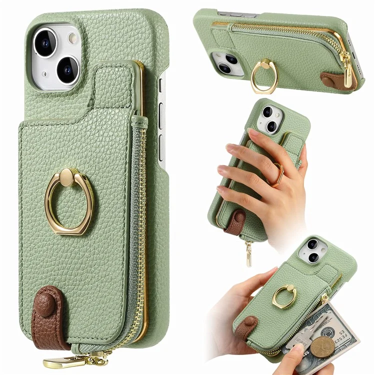 Y3 Per Iphone 13 Wallet Case Ring Kickstand Copertura Della Borsa Con Cerniera - Menta Verde