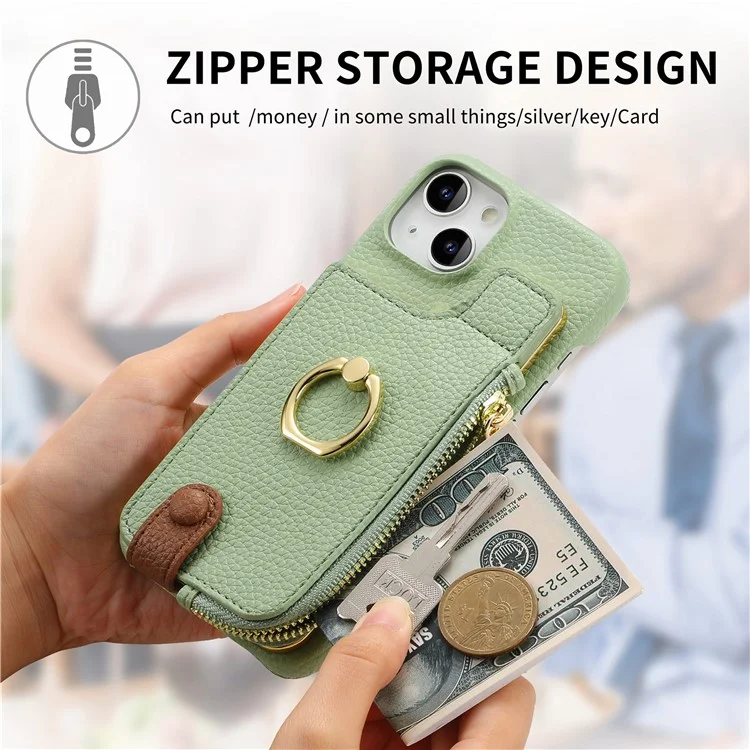 Y3 Per Iphone 13 Wallet Case Ring Kickstand Copertura Della Borsa Con Cerniera - Menta Verde