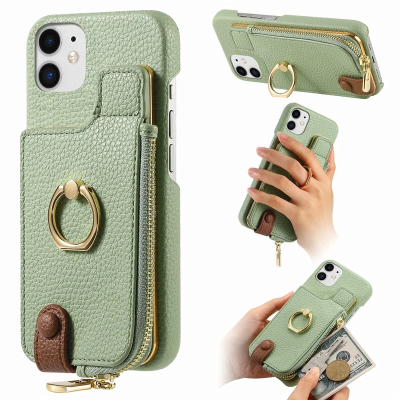 Y3 for iPhone 11 Phone Case Wallet Pouch with Card Slots Ring Holder - Mint Green