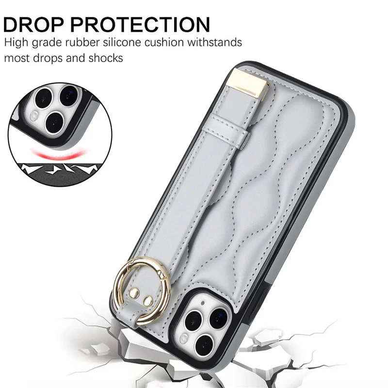 For iPhone 11 Pro Wave Pattern Cell Phone Case PU+TPU Wristband Cover - Silver