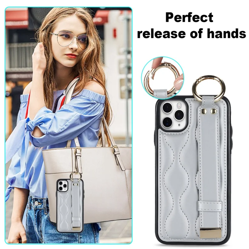 For iPhone 11 Pro Wave Pattern Cell Phone Case PU+TPU Wristband Cover - Silver
