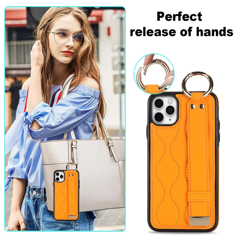 For iPhone 11 Pro Wave Pattern Cell Phone Case PU+TPU Wristband Cover - Orange