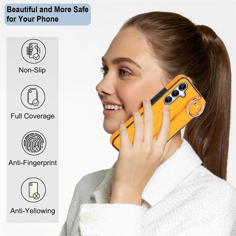 For Samsung Galaxy S24+ Cell Phone Case PU Leather+TPU Cover with Wristband - Orange