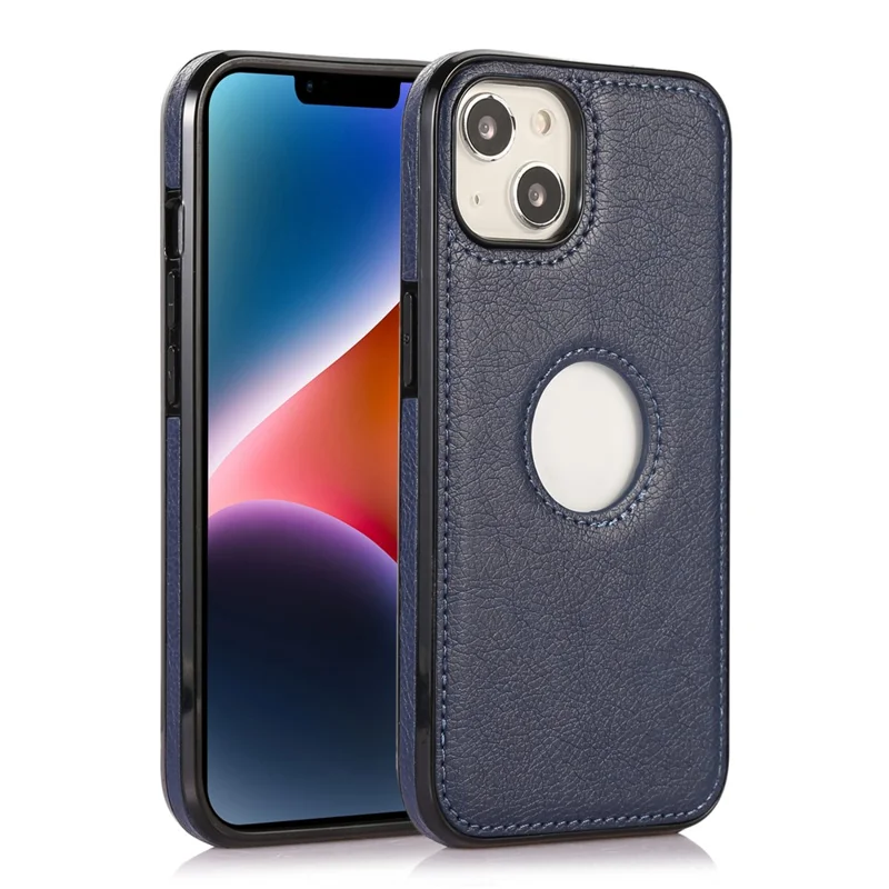 For iPhone 14 Cell Phone Case TPU+PU Leather Anti-scratch Cover with Logo View Hole - Blue