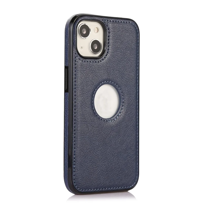 For iPhone 14 Cell Phone Case TPU+PU Leather Anti-scratch Cover with Logo View Hole - Blue
