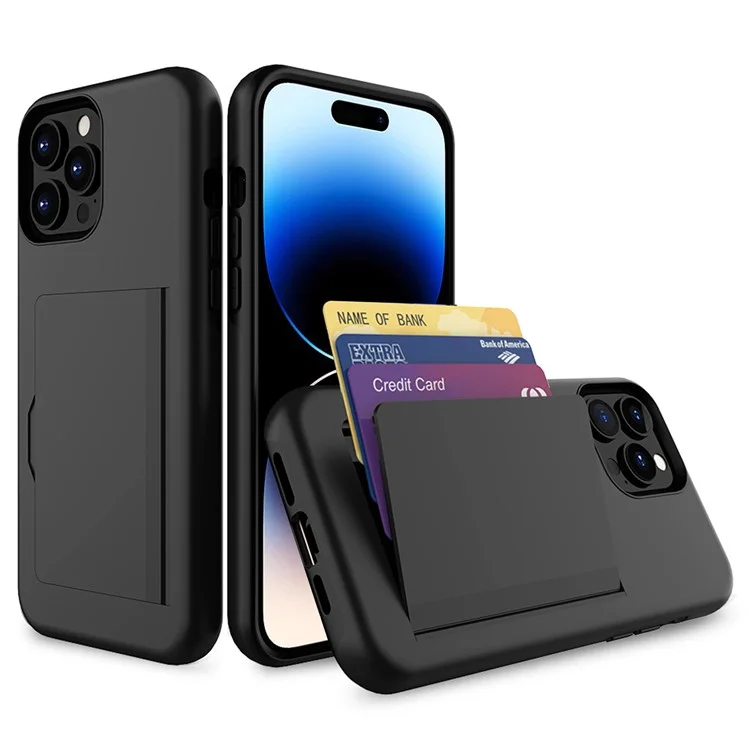 For iPhone 15 Pro Max Cell Phone Shell Anti-Scratch PC+TPU Phone Case with Kickstand Card Holder - Black