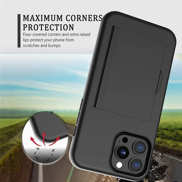 For iPhone 15 Pro Max Cell Phone Shell Anti-Scratch PC+TPU Phone Case with Kickstand Card Holder - Black