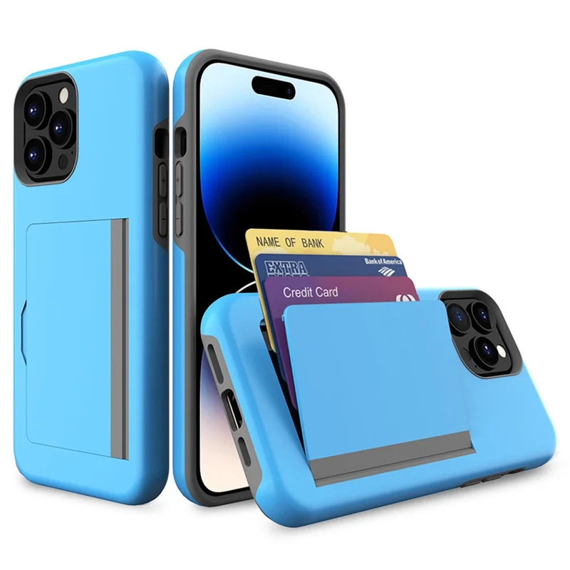For iPhone 15 Pro PC+TPU Phone Case Card Holder Anti-Scratch Phone Cover - Blue