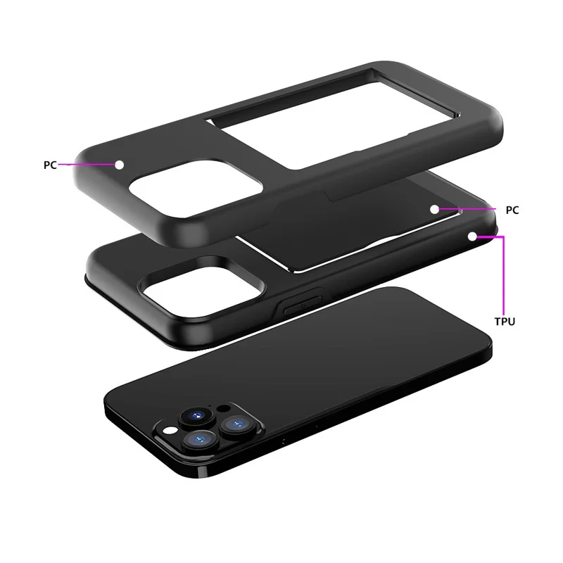 For iPhone 15 Pro PC+TPU Phone Case Card Holder Anti-Scratch Phone Cover - Black