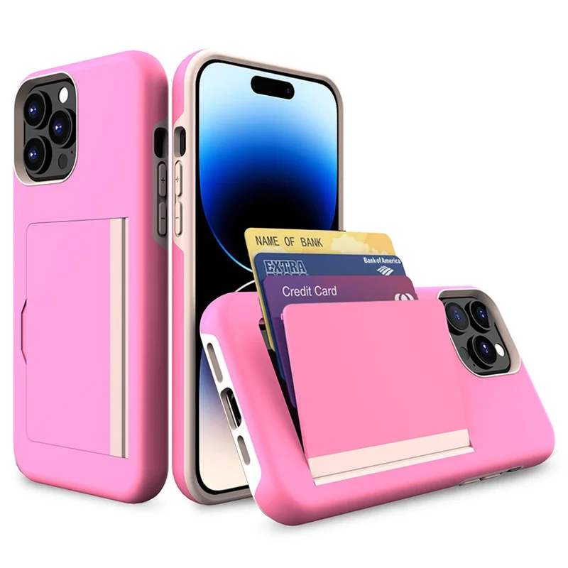 Etui na iPhone 15 Pro z wysokiej jakości tworzywa PC+TPU z uchwytem na kartę i ochroną przed zarysowaniami - różowy