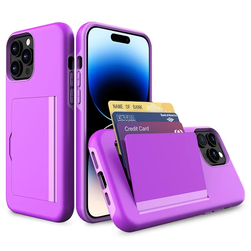 For iPhone 15 Pro PC+TPU Phone Case Card Holder Anti-Scratch Phone Cover - Purple